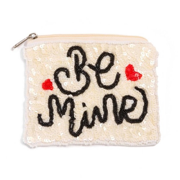 Judson Handbags - Seed Bead and Sequin "Be Mine" Hearts Zippered Coin Pouch